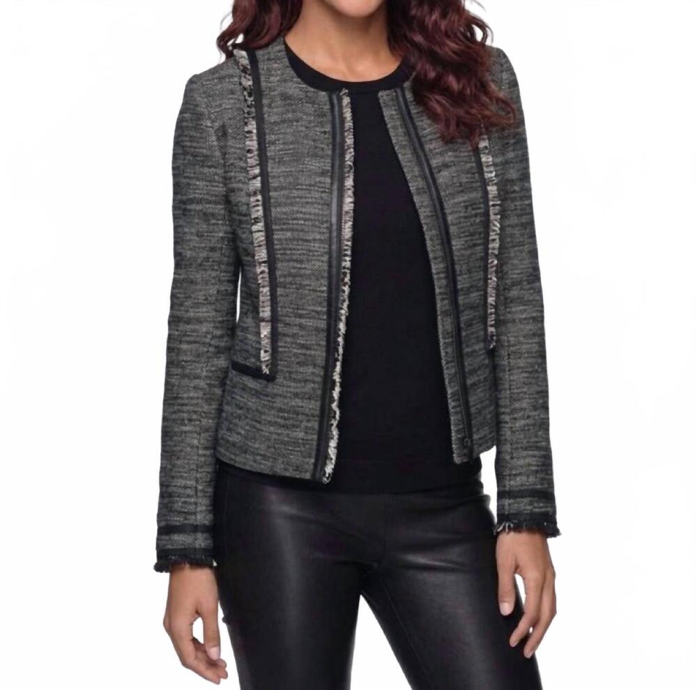 NEW VINCE fringe trim boucle jacket in biv